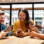 **Image Prompt:** A diverse group of people smiling and laughing while using language learning apps on their smartphones in a modern, brightly lit cafe. Focus on the friendly atmosphere and the technology being used.