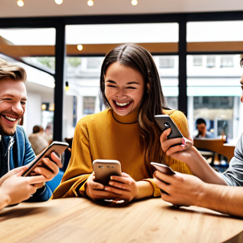Home 6 **Image Prompt:** A diverse group of people smiling and laughing while using language learning apps on their smartphones in a modern, brightly lit cafe. Focus on the friendly atmosphere and the technology being used.