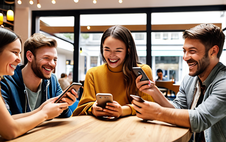 **Image Prompt:** A diverse group of people smiling and laughing while using language learning apps on their smartphones in a modern, brightly lit cafe. Focus on the friendly atmosphere and the technology being used.